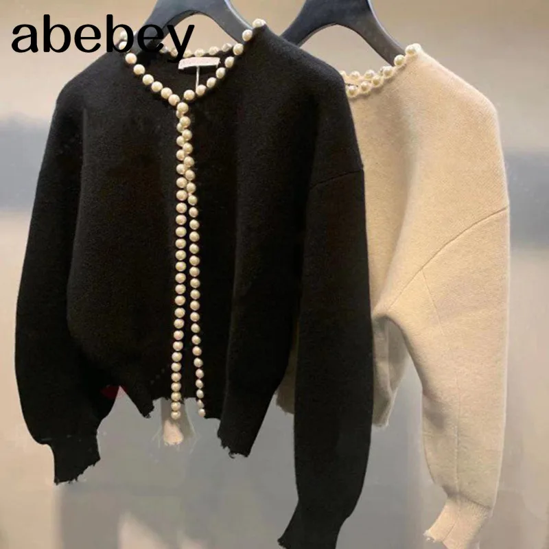 2020 New Fashion Korean Jackets Pearls Cardigan Batwing Sleeve Wool Knit Vintage Women's Coat High Quality Jacket AQ927