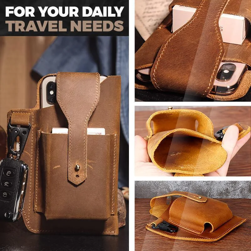 Retro Belt Waist Men's Bag Sports Running Outdoor Sports Cell Phone Leather Waist Bag For 2 Phone Men Multi-Function Key Pen Be bucket tool bag