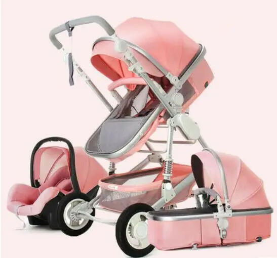 pink set Детская коляска 3 в 1 коляска с высоким пейзажем складная Коляска и автокресло - Цвет: pink set