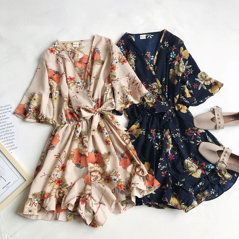 Mono de pierna ancha con volantes para mujer, pantalones con estampado de flores y hojas salvajes, cinturón de cintura con cuello en V, 2020