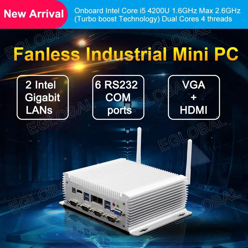 

Eglobal Model G1-4200U Fanless Mini PC Core i5 4200U With Dual Lan Six COM Barebone Desktop Computer 4K HTPC WiFi HDMI 300M