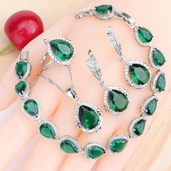 

Women Bridal Jewelry Sets 925 Sterling Silver Natural Green Zirconia Jewellery Earrings Rings Bracelets Pendant Wedding Necklace