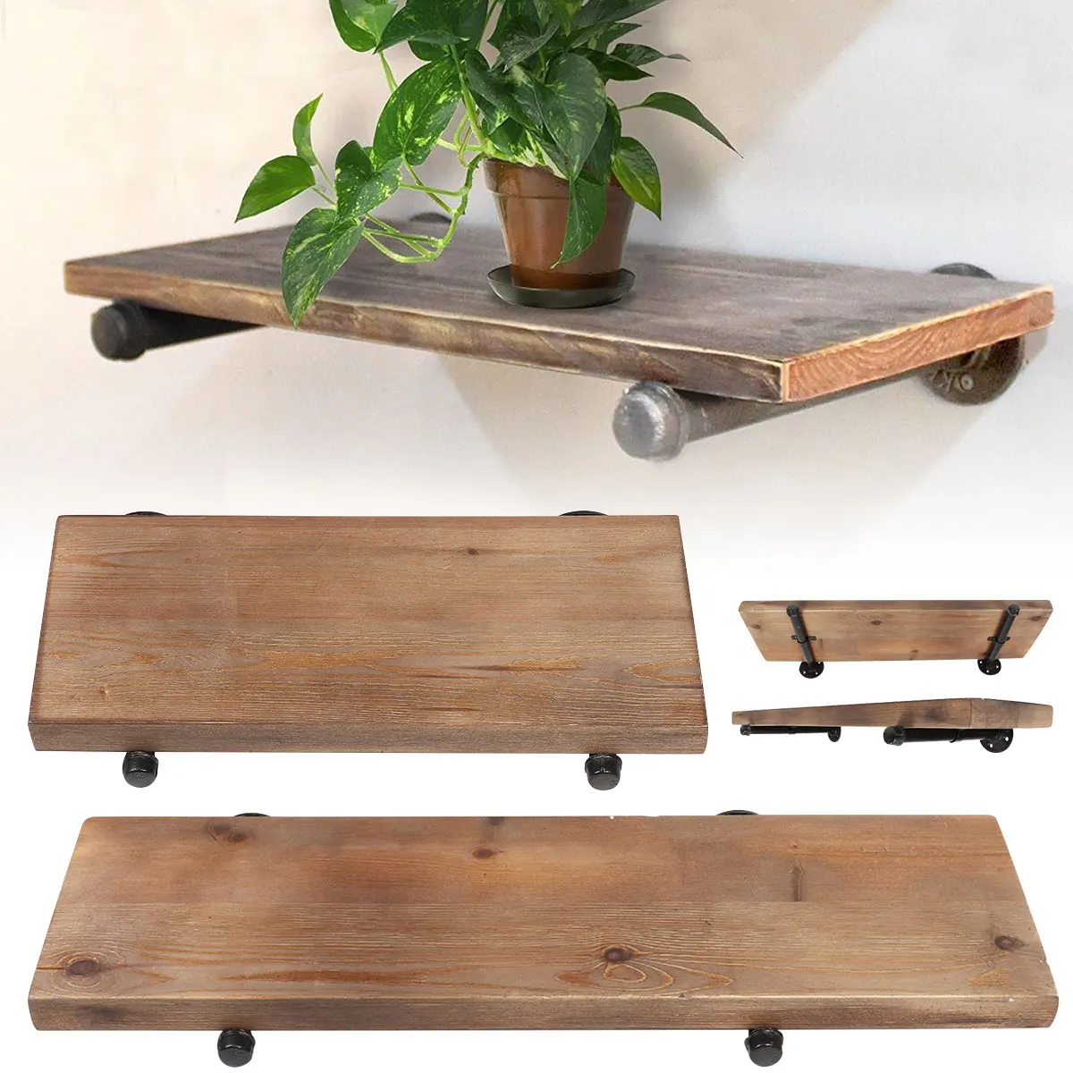 

24/36 Inch Rustic Industrial Pipe Shelf Bracket Floating Wooden Board Wall Mounted Holder Home Decor Storage Holder
