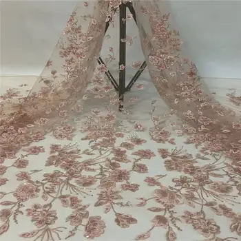 

The latest lace material French tulle mesh sequin embroidery African lace fabric pink apricot sequin dress Italian design