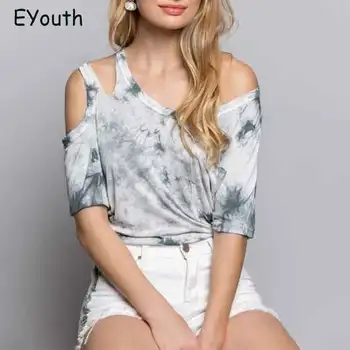 

Half Sleeve Tie Dye T Shirt 2020 New Summer Color Block Oblique Collar Clothes Fashion Casual Loose Long Sleeve Women Shirt