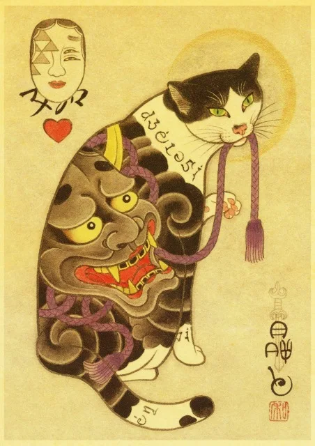 Vintage-Japanese-samurai-cat-tattoo-cat-retro-posters-kraft-wall-paper-High-Quality-Painting-For-Home.jpg_640x640 (12)