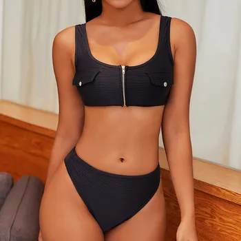 

Women Bikinis Set Sexy Swimwear Zipper Soild Swimsuit Push Up Lady Beachwear High Waist Maillot De Bain Mujer Swimwear 2020 #T1G