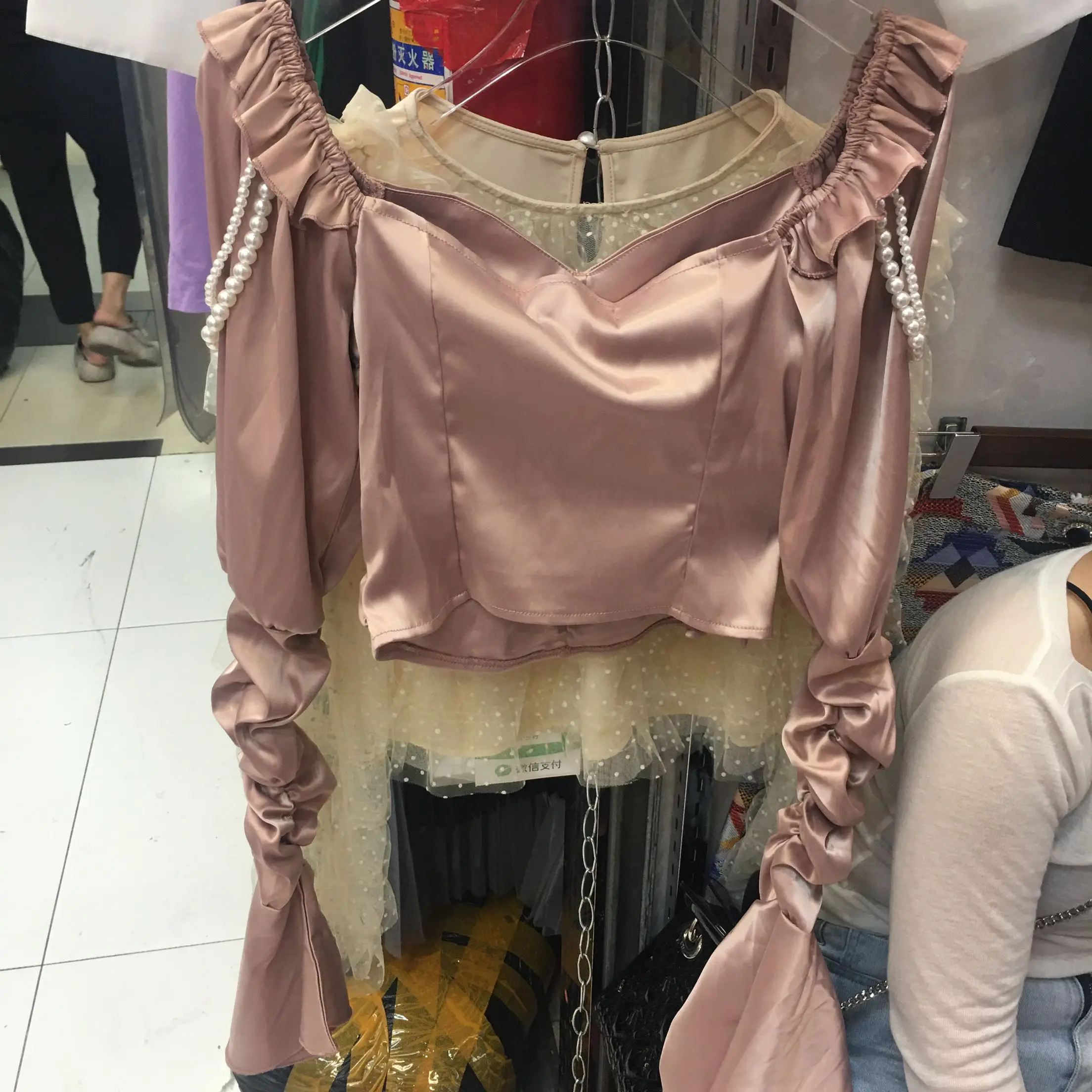 Blusas Femme, женский сексуальный укороченный топ, новинка, Ретро стиль, с жемчужинами, с расклешенными рукавами, рубашка, розовый топ, Женская Весенняя и Осенняя блузка