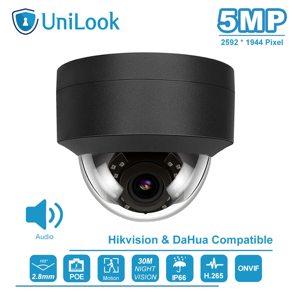 

UniLook(Hikvision Compatible) 5MP Dome POE IP Camera Built-in Mic In/Outdoor Security IR 30m H.265 CCTV Video Surveillance ONVIF