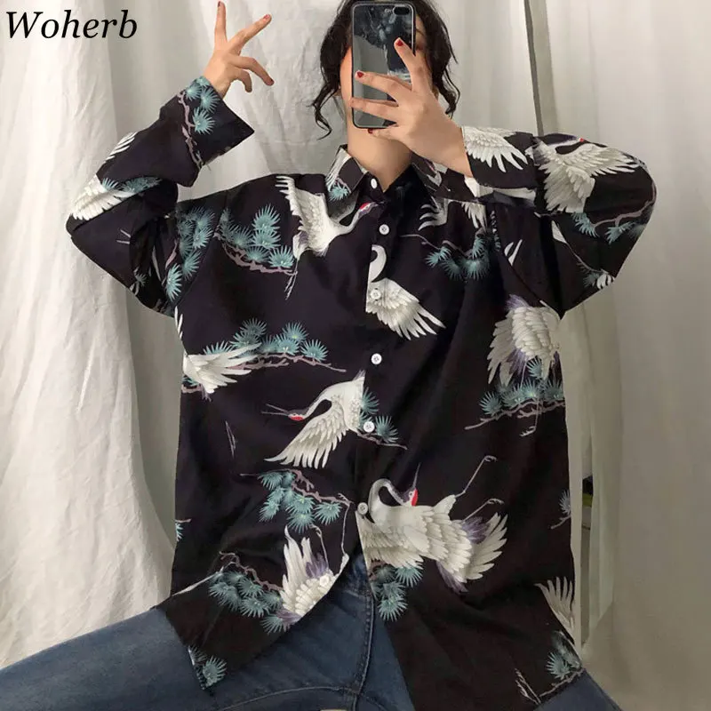 Woherb Ulzang Harajuku топы размера плюс шифоновая блузка 2020 летние винтажные свободные
