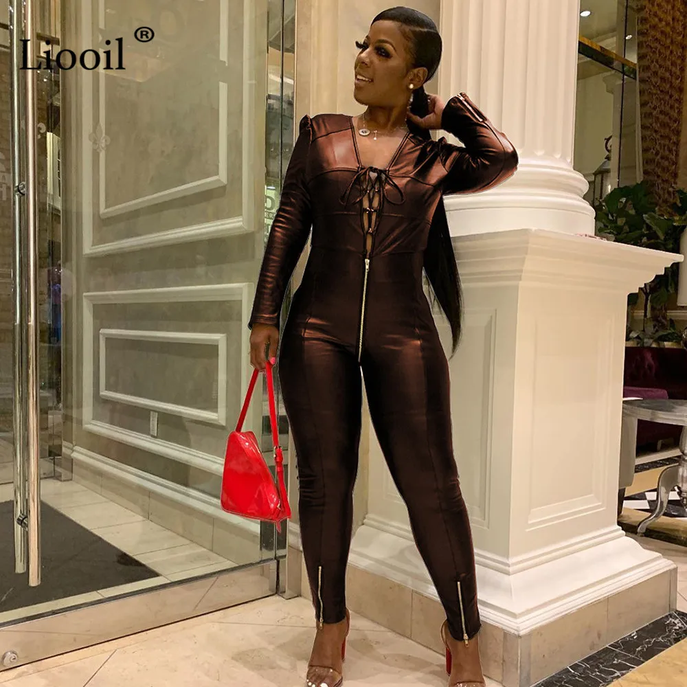 Liooil Faux Leather Sexy Bandage Jumpsuits For Women Long Sleeve V Neck Party Club Rompers Bodycon Jumpsuit Black Overalls