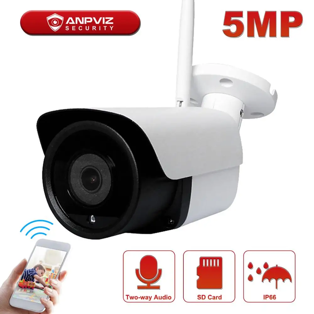 Anpviz 5MP WiFi IP Camera Bullet Wirelese Security Camera Card Slot Built-in Microphone Speaker Two-way Audio IP66 All-metal