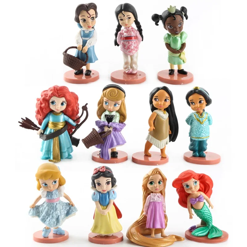 Disney 11pcs Moana Snow White Merida Princess Action Figures Mulan Mermaid Tiana Jasmine Doll Anime Figurines Kid Toy model gift | Игрушки и