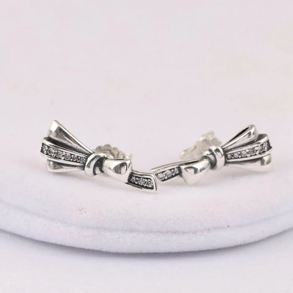 

Authentic 925 Sterling Silver Bow-knot With Crystal Stud Earrings For Women Wedding Party fit Lady Fine Jewelry