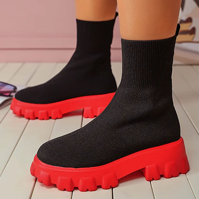MCCKLE Women Boots Slip On Western Ankle Boots Platform Knitted Ladies Autumn Socks Boots for Women Fashion Female Booties 2021 2825red
