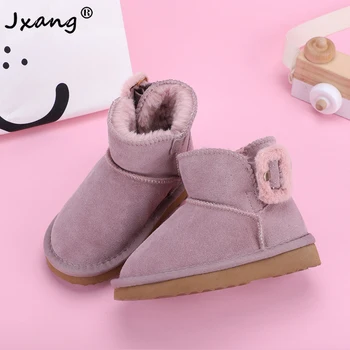 

JXANG High Quality Hot Sale children Snow Boots Square buckle Cowhide Leather Ankle Boots Warm Winter Boots Child Shoes Brown