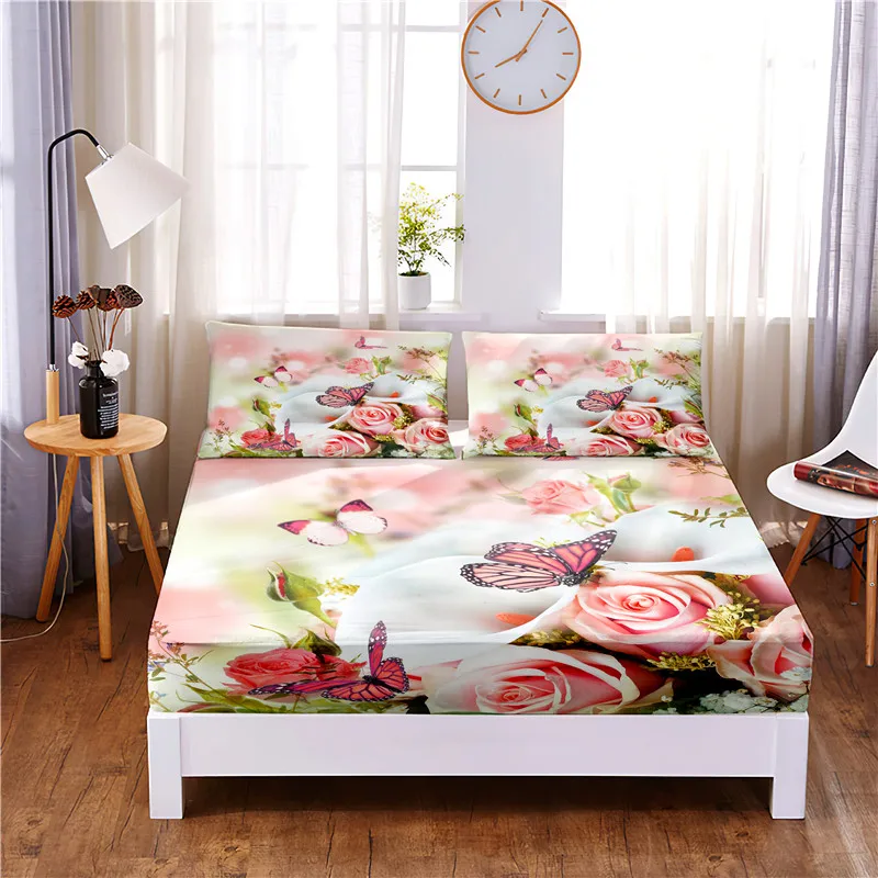 Fitted Bed Sheet with Elastic Band King Size Bed Cover Floral