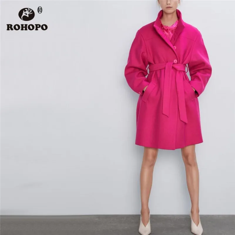 

ROHOPO Lapel Collar Single Breast Buttons Waistband Deep Pink Blend Coat Side Welt Pockets Winter Thick Overcoat #9025