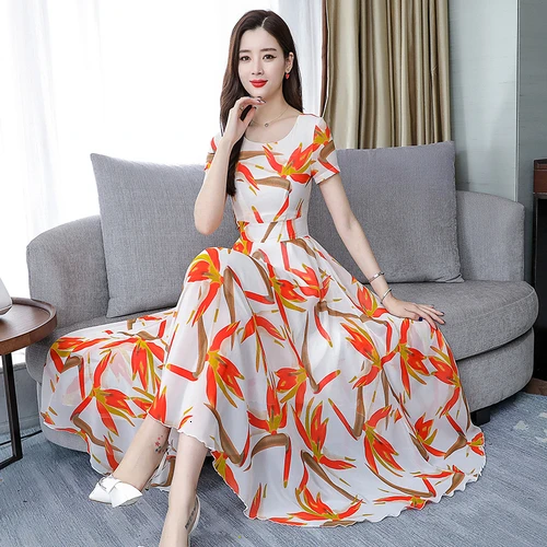 

2019 Spring Fashion Printed Chiffon Women Dress New Style Summer Short Sleeved Round Collar Elegant Temperament Female Dresses