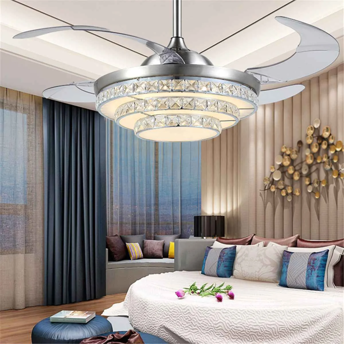 42 Inch Invisiable Crystal Ceiling Fan Light Modern Luxury Home Ceiling Fan Lamp 4 Fan Blade Remote Control ventilador de techo