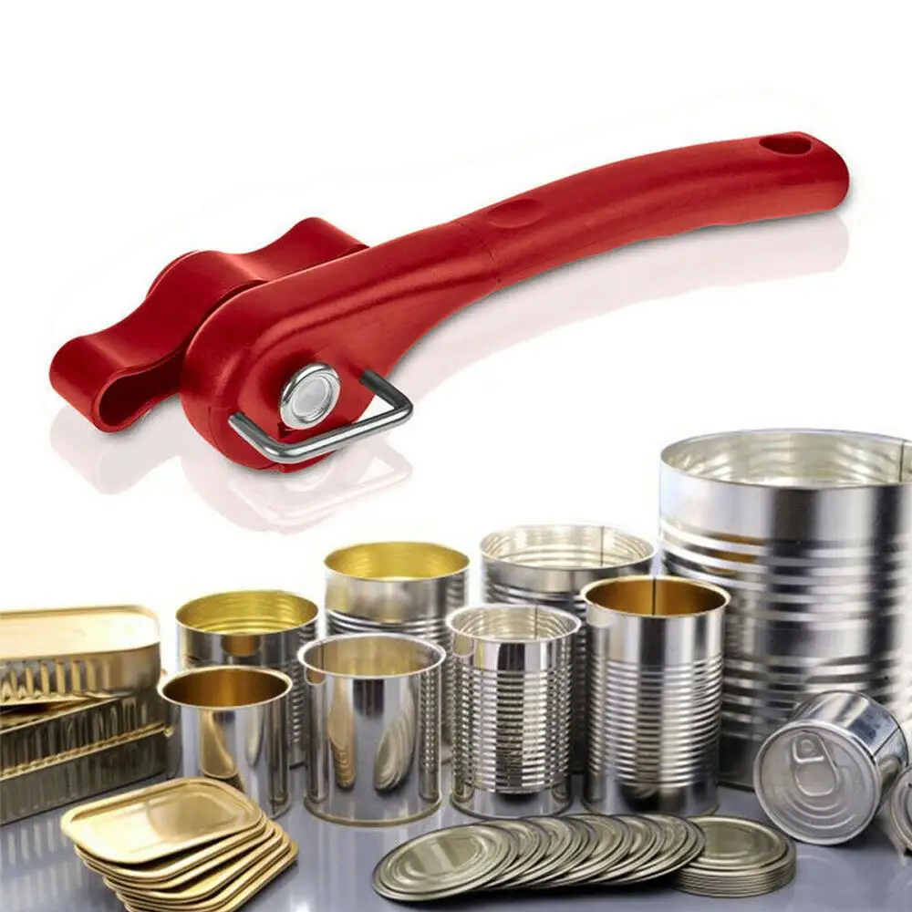 Can Opener Stainless Steel Safe Red Manual Grips Smooth Handle Lifter
