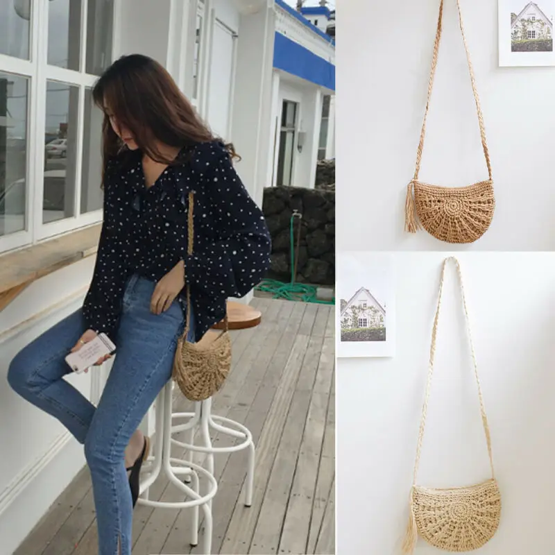 Женская Плетеная соломенная сумка Сумочка с кистями через плечо Boho пляжные сумки летняя сумка кошелек новинка