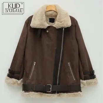 

Winter Vintage Harajuku Windbreaker Suede Moto Jacket Female Lamb Keep Warm Wool Coat Motorcycle Lapels Coat Thicker Streetwear