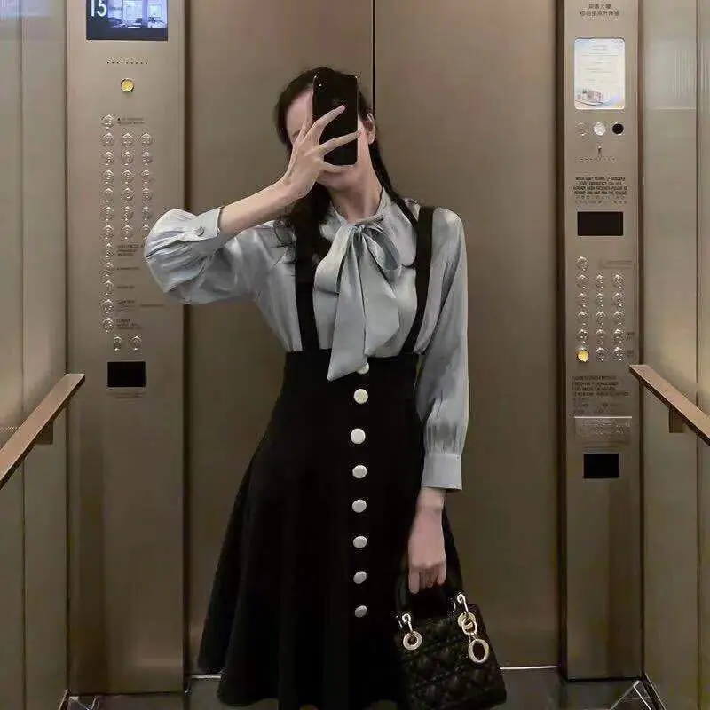 

2019 Spring Clothing Autumn Early Autumn Graceful Elegant Goddess Short-height Significantly Higher Outfit Skirt Two-Piece Set E
