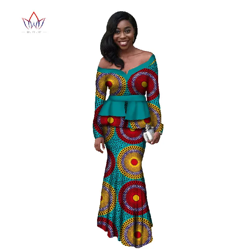 Осенняя Новая мода дизайн африканская одежда для женщин укороченные топы и платье русалки Длинные рукава с открытыми плечами африканские платья WY616