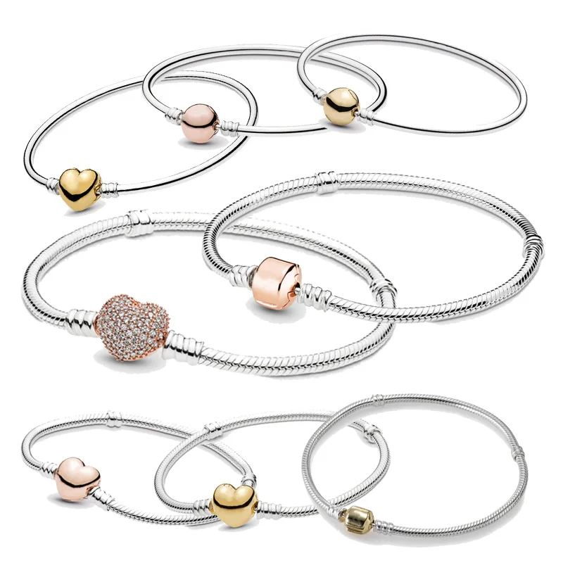

Original Pans Rose Moments Bracelet with Shine Signature Heart Clasp 925 Sterling Silver for Women DIY Charm Bangle Jewellery