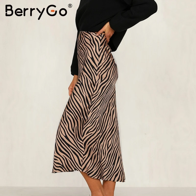 Tanie BerryGo paski zebry kobiety spódnica trzy czwarte wysokiej talii prosty nadruk zwierzęta kobiece dół spódnica rozrywka noc klub party spódnica damska