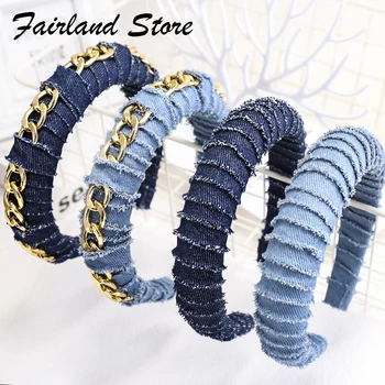 

Fairland Cool Denim Fabric Hair Padded Solid Blue Hair Ornament Oval Chain Sponge Women Picnic Headband Fashion Hair Accessories