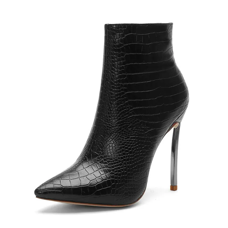 Модные туфли на высоком металлическом каблуке каменный принт женские ботильоны