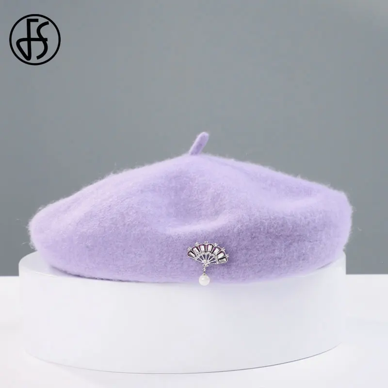Женский шерстяной берет FS теплая черная или белая шапка во французском стиле для