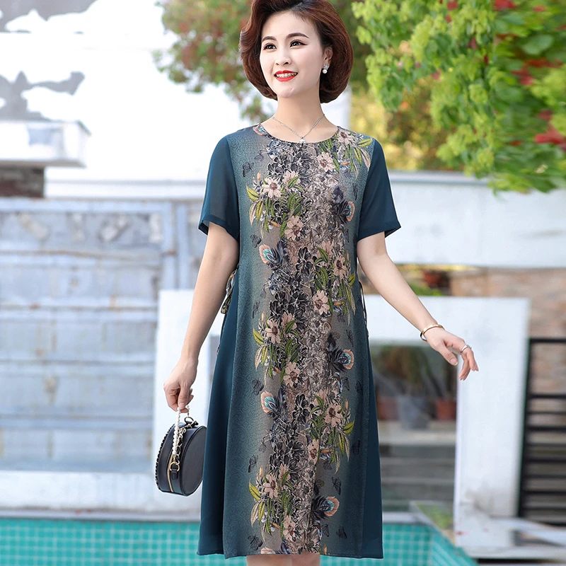 Women Silk Dress Summer Elegant Floral Printed Dress Vintage Printing Female Chiffon Silk Dress Short Sleeve