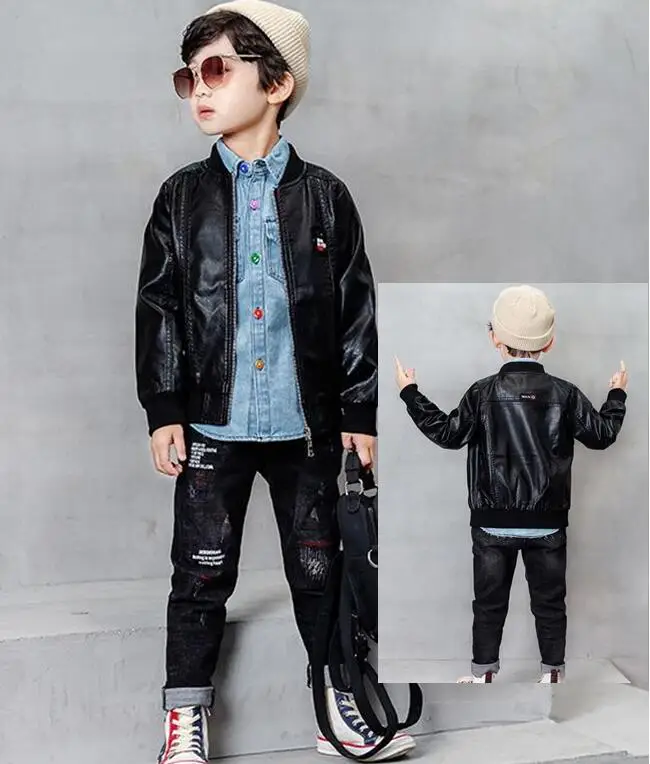 Boys Clothes Faux leather coat+ shirts+ jeans 3PCS set Autumn Spring Kids Clothes Children Kids Boys Clothing Set 2-6year