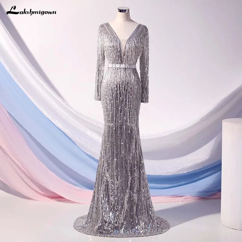picture color Lakshmigown Серебристые вечерние платья с блестками Длинные блестящие бисерные Длинные рукава Русалка Женские вечерние платья торжественное платье vestidos largos - Цвет: picture color