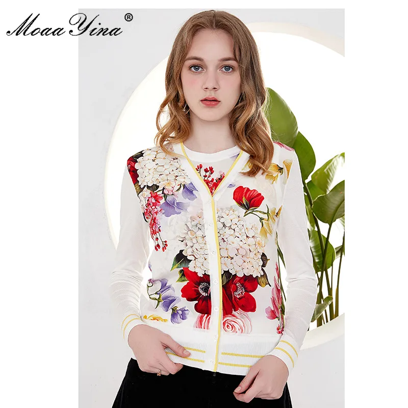 MoaaYina Spring Autumn V-neck Long sleeve Cardigans Knitting Tops Women's Elegant Floral-Print Silk Sweater Thin Coat