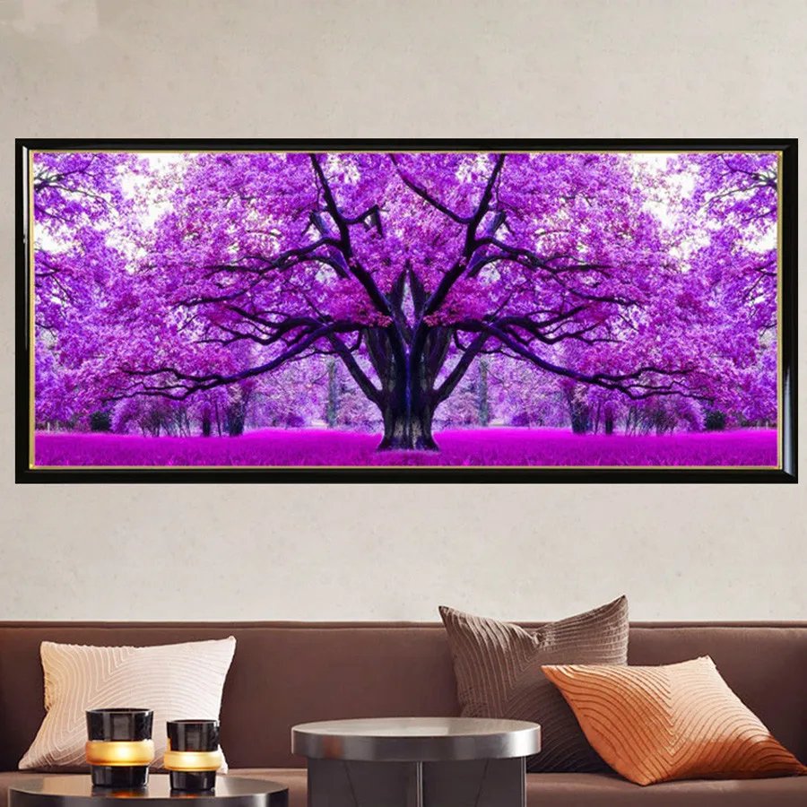 large 5D DIY Diamond Painting Cross Stitch Purple Cherry Tree full square Round Diamond embroidery Handmade Living Room Decor_副本