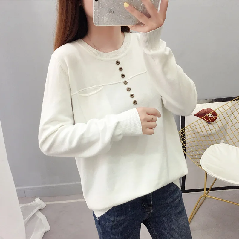 

Photo Shoot 2019 Autumn And Winter New Style Pullover Core-Spun Yarn Thick Sweater Simple Elegant Women's Embroidered Button Bas