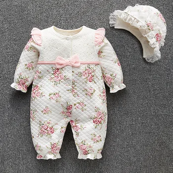 Vestiti invernali della neonata addensare i vestiti della tuta della principessa floreale set di abbigliamento ragazzi body + cappelli