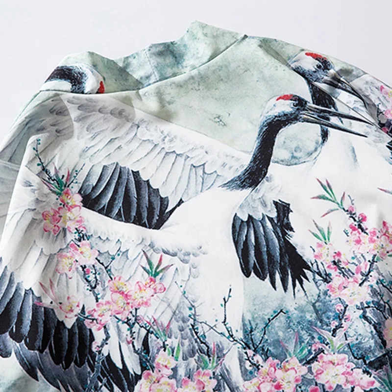 Харадзюку кимоно куртка японский хип-хоп Мужская уличная куртка кран цветочный принт китайская краска летняя тонкая одежда японский стиль