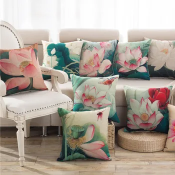 

High Quality Cushion Cover Chinese Style Pool Lotus Plant Pillowcases Decorative Car Bedroom Linen Sofa Cushion Cover