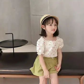 

Summer 2020 new children's tops children's Korean baby cotton T-shirt girls lace square collar floral shirt girls shirt