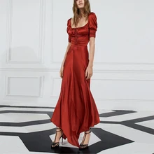 Vestido de mujer rojo Vintage satén sedoso pliegue en el pecho cordón ajustado elegante vestido largo