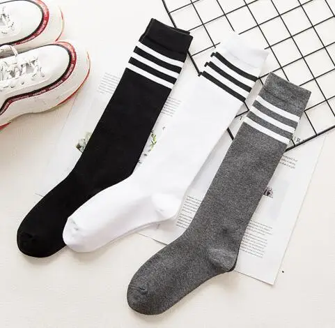 Хлопковые женские гольфы 3 линии полосатые хлопковые носки до колена Женские однотонные носки школьные вечерние принадлежности для болельщиков k2764