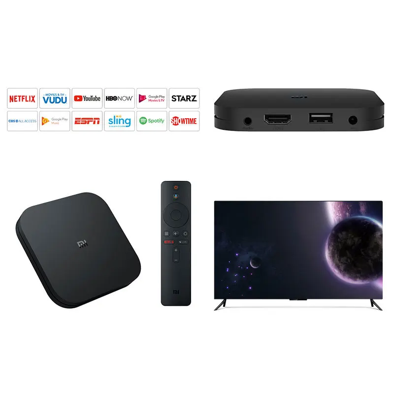 Xiaomi mi Box S 4K tv Box Cortex-A53 четырехъядерный процессор 64 бит Mali-450 1000Mbp Android 8,1 WiFi BT4.2 2 ГБ+ 8 Гб HD mi 2,0 ТВ приставка последняя