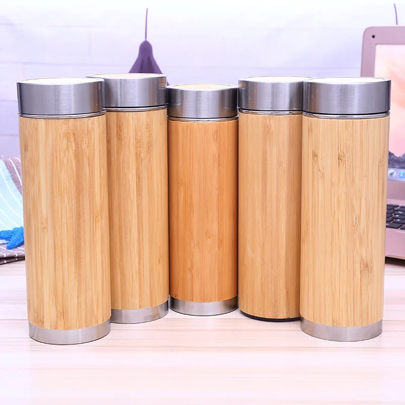 

10pcs 450ML Bamboo Water Bottle Vacuum Insulated Coffee Travel Vacuum Cup With Tea Infuser Strainer Wooden Bottle