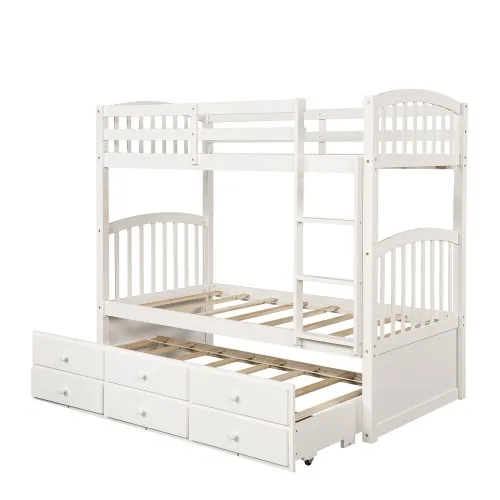 Twin Bunk Bed With Ladder Safety Rail Twin Trundle Bed With 3 Drawers For Kids, Teens Bedroom Guest Room Furniture Children Beds