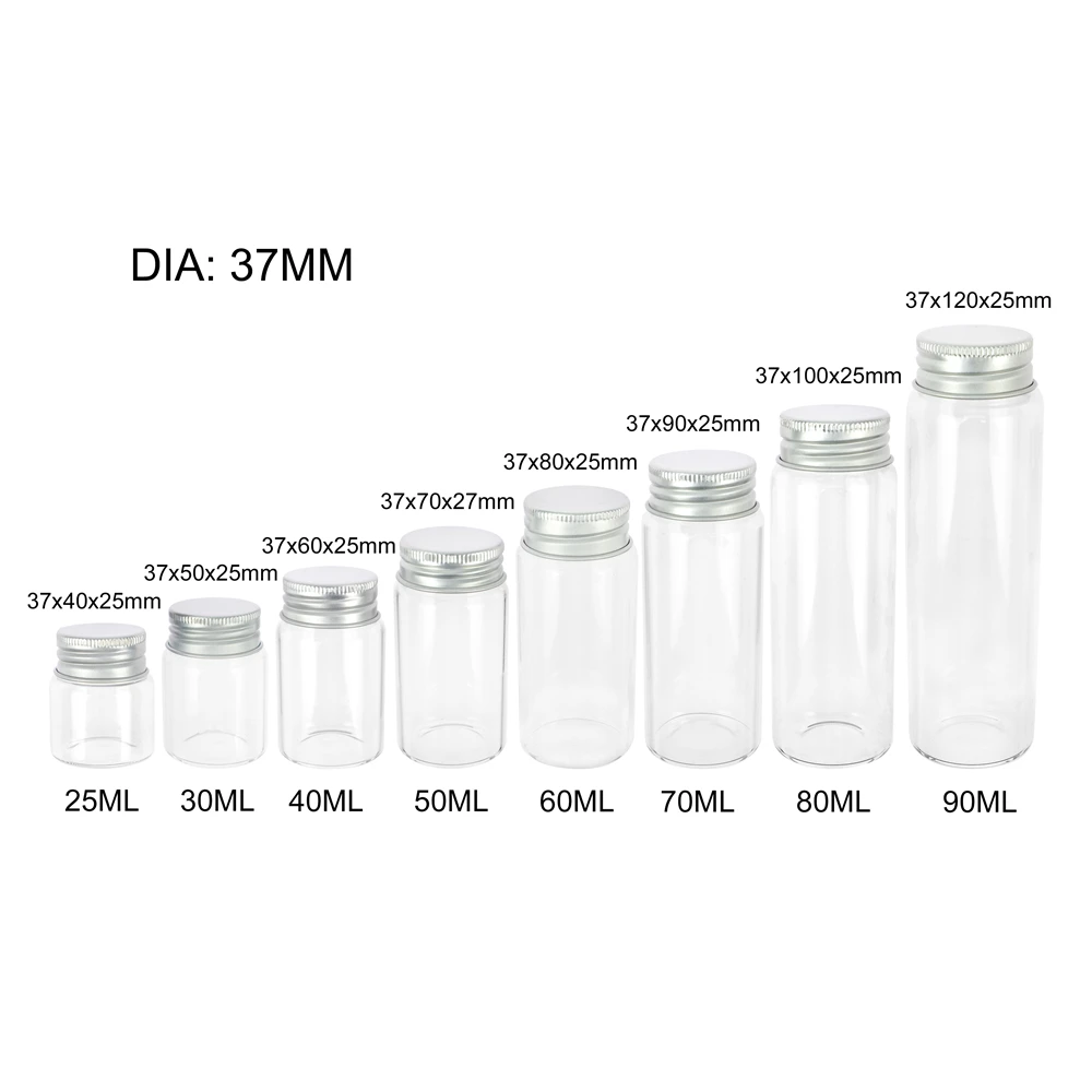 직경 37mm 투명 빈 유리병 25ml 30ml 40ml 50ml 60ml 70ml 80ml 90ml 실버 알루미늄 뚜껑 리필용 약병